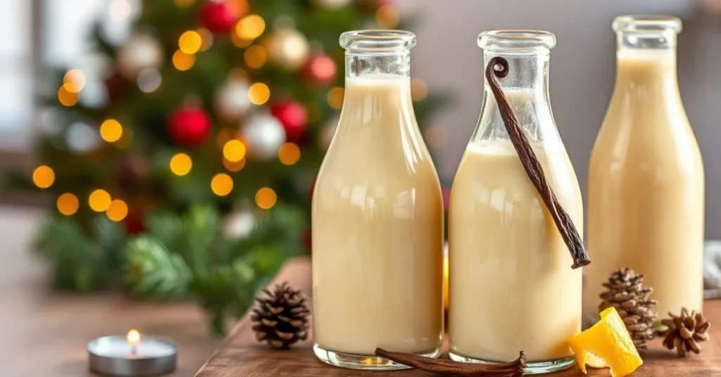 Luxurious homemade eggnog in elegant glass bottles, creamy golden liquid, fresh vanilla stick, lemon peel garnish, festive ho