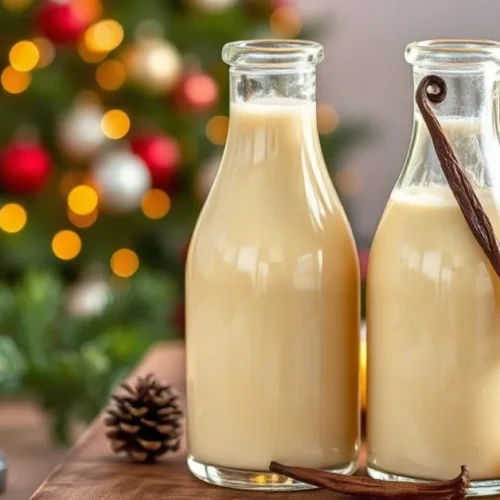 Luxurious homemade eggnog in elegant glass bottles, creamy golden liquid, fresh vanilla stick, lemon peel garnish, festive ho