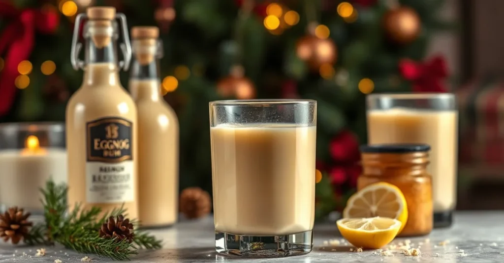 Luxurious homemade eggnog with rum in elegant glass bottles, creamy golden liquid, festive holiday setting, professional food