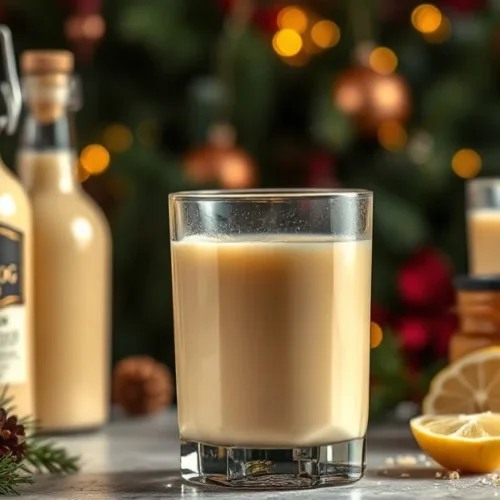 Luxurious homemade eggnog with rum in elegant glass bottles, creamy golden liquid, festive holiday setting, professional food