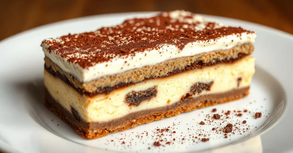 Luxurious tiramisu cheesecake slice topped with mascarpone cream, dusted with cocoa powder and coffee powder, elegant dessert