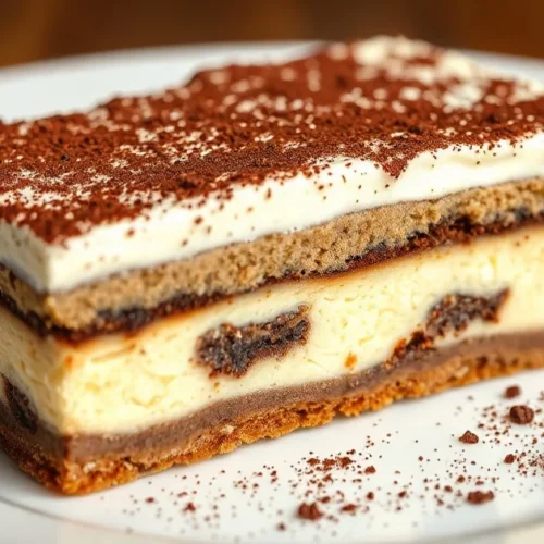 Luxurious tiramisu cheesecake slice topped with mascarpone cream, dusted with cocoa powder and coffee powder, elegant dessert
