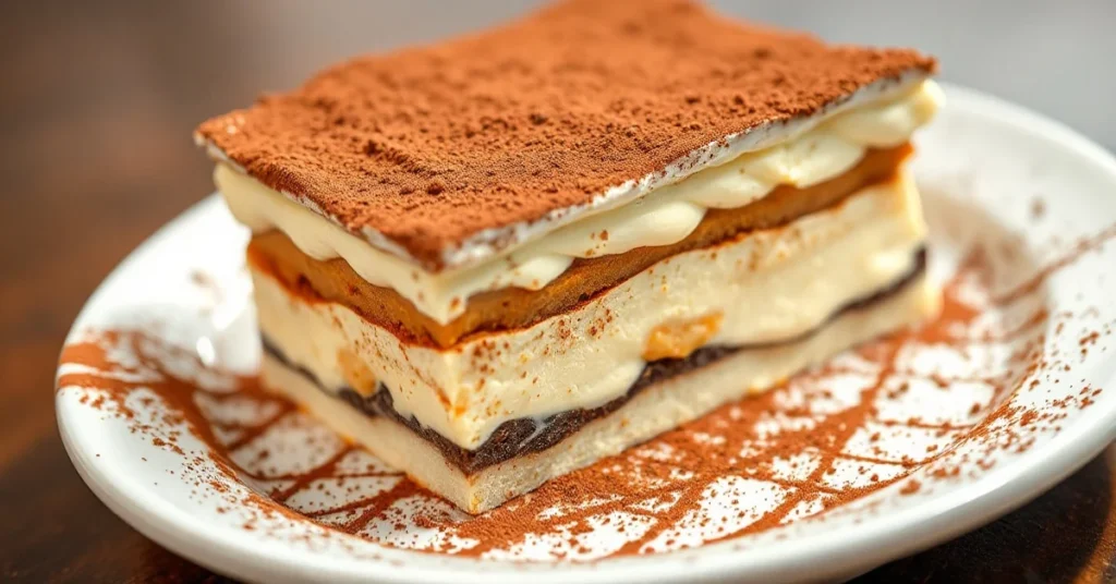 Luxurious tiramisu dessert with cocoa powder dusting, creamy layers visible from side angle, served on white plate, professio