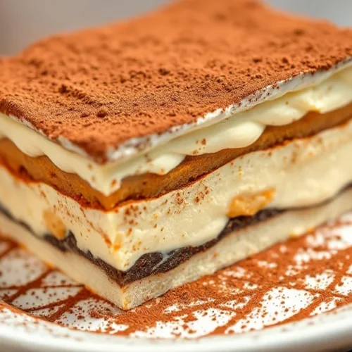Luxurious tiramisu dessert with cocoa powder dusting, creamy layers visible from side angle, served on white plate, professio