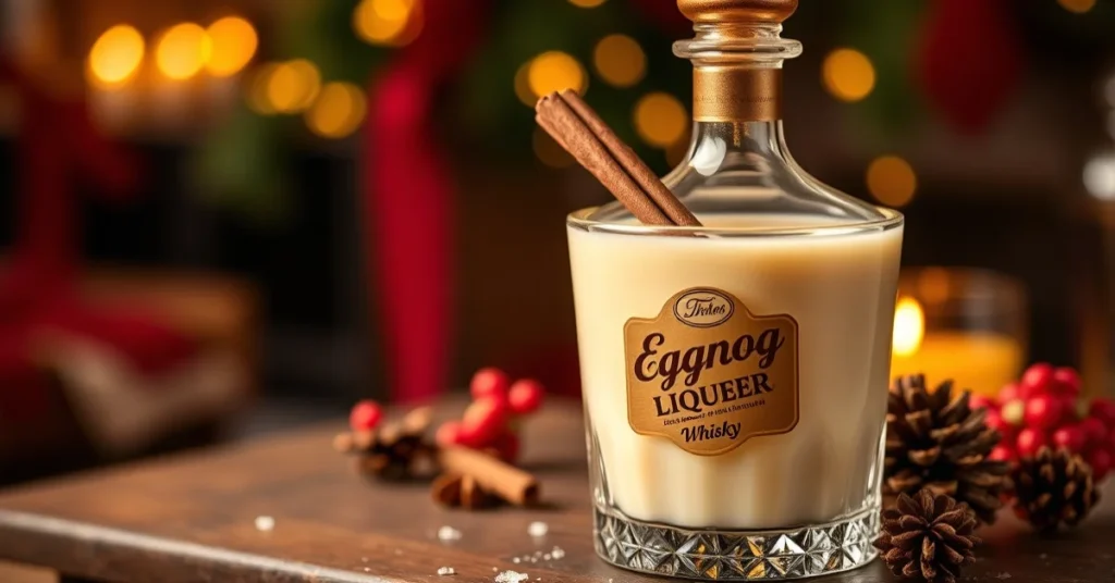 Luxury eggnog liqueur with whisky in elegant glass bottle, creamy texture, cinnamon stick garnish, warm lighting, festive Chr