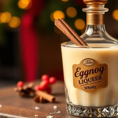 Luxury eggnog liqueur with whisky in elegant glass bottle, creamy texture, cinnamon stick garnish, warm lighting, festive Chr