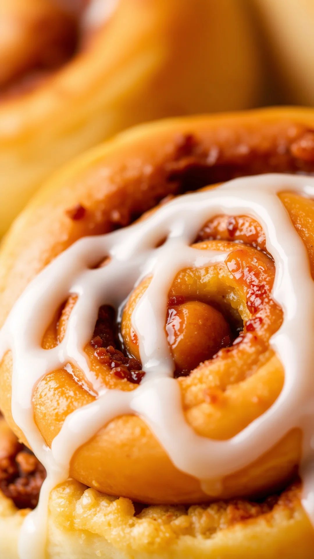 Macro closeup of freshly baked cinnamon roll with swirl topping and white glaze drizzle, food photography