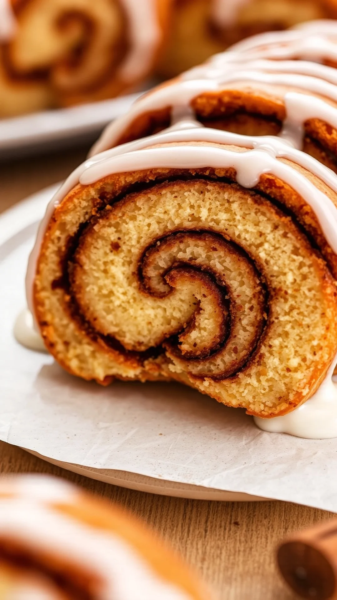 Macro shot of sliced protein cinnamon roll showing swirled cinnamon filling, protein structure, topped with Greek yogurt glaz