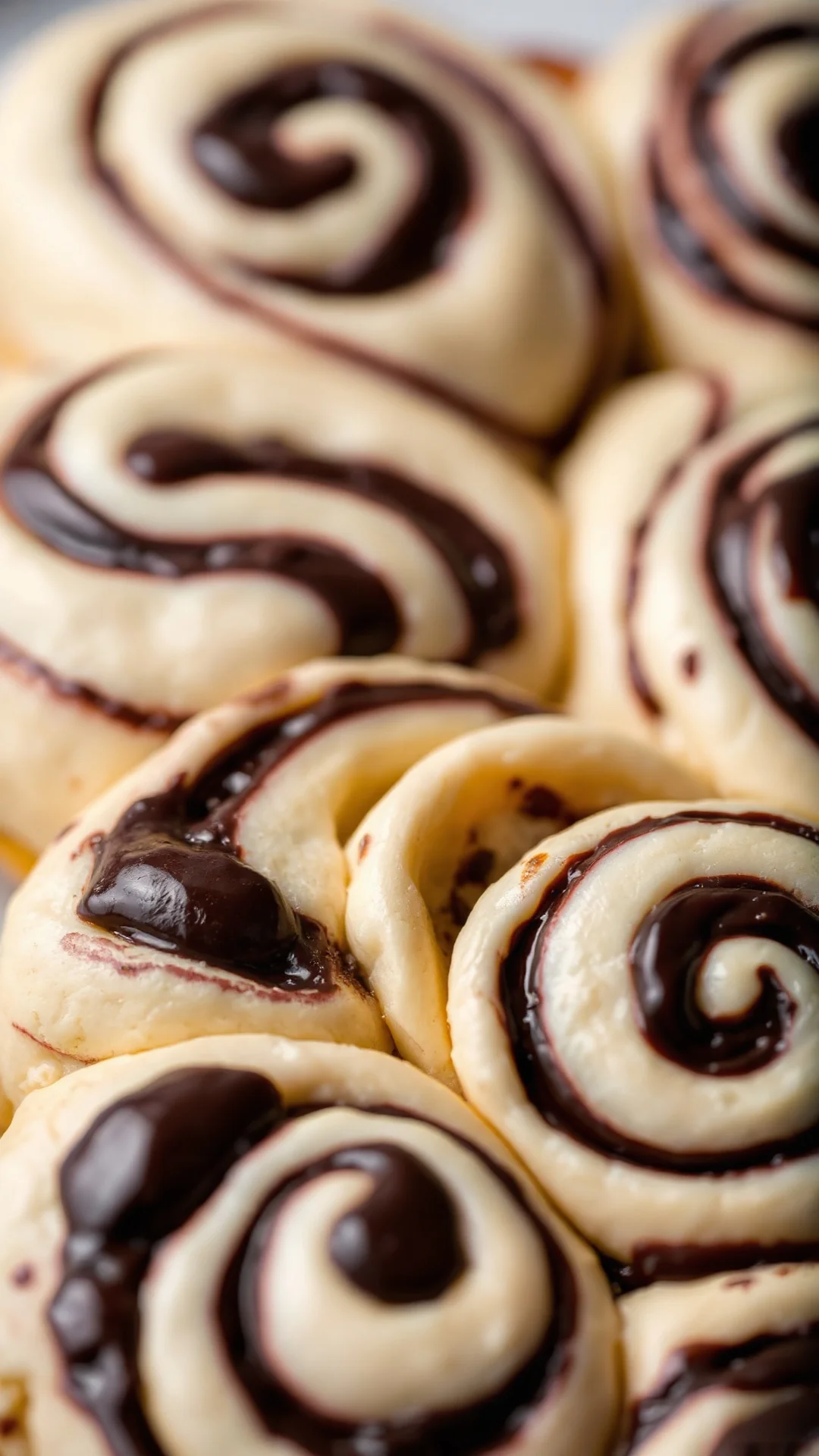 Marble cinnamon rolls with dark chocolate swirls, marbled pattern visible in cross-section, elegant presentation, selective f