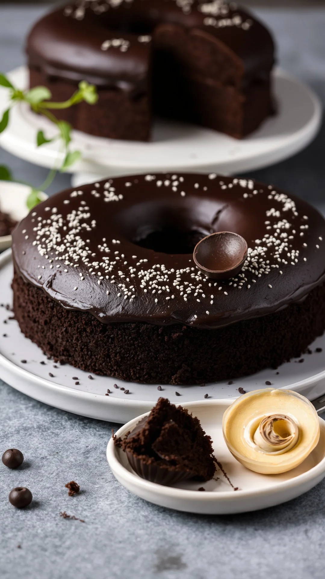 Modern dark chocolate poppy seed cake, rich cocoa flavor, elegant plating, chocolate garnish, luxury dessert style