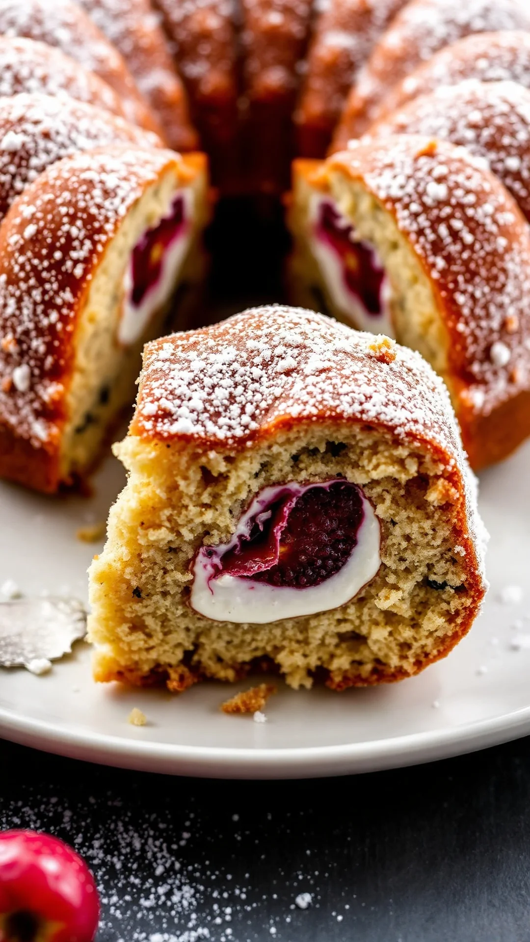 Moist poppy seed cake with quark filling, fluffy texture, powdered sugar dusted, slice shown, professional food photography