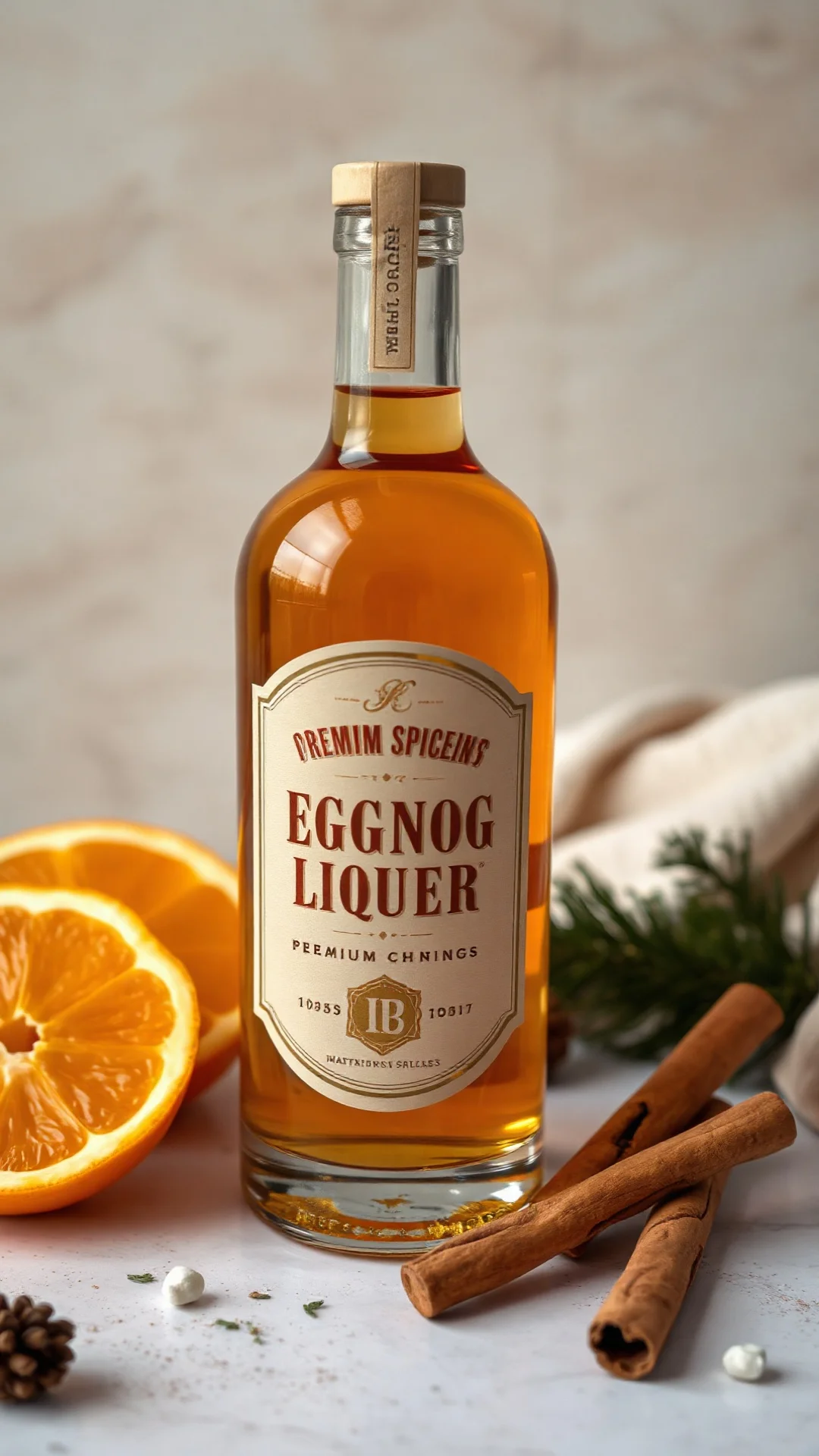 Orange spiced eggnog liqueur in elegant vintage bottle, orange slices and cinnamon sticks nearby, portrait macro photography,