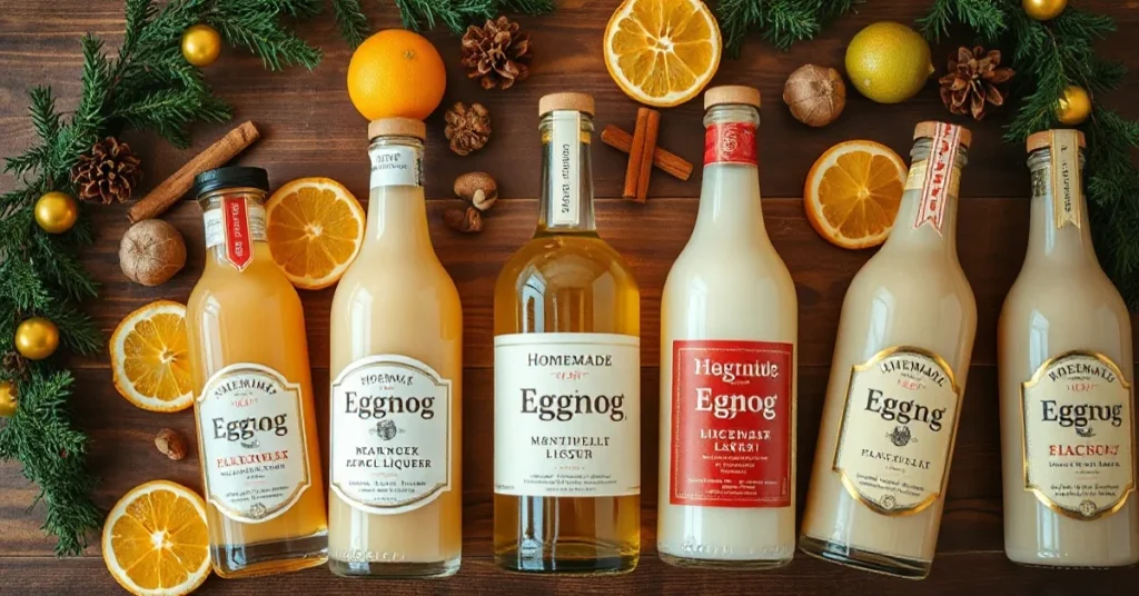 Overhead flat lay of seven different homemade eggnog liqueur bottles with vintage labels, decorated with fresh citrus slices,