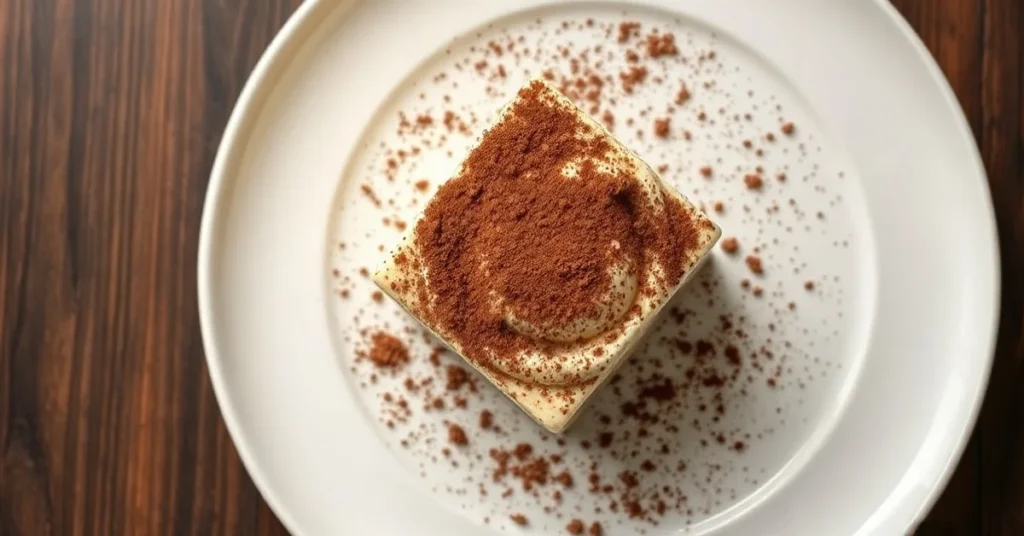 Overhead shot of creamy Tiramisu with Quark, dusted with cocoa powder, served on white plate, elegant food photography, profe