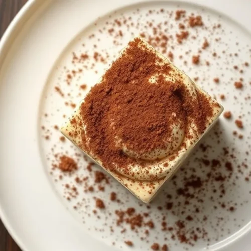 Overhead shot of creamy Tiramisu with Quark, dusted with cocoa powder, served on white plate, elegant food photography, profe