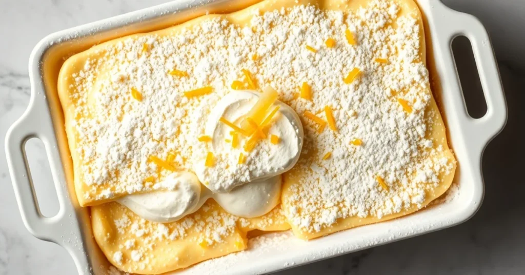Overhead shot of elegant lemon tiramisu dessert in white rectangular dish, dusted with powdered sugar and fresh lemon zest, c
