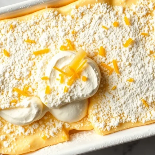 Overhead shot of elegant lemon tiramisu dessert in white rectangular dish, dusted with powdered sugar and fresh lemon zest, c