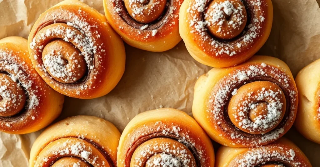 Overhead shot of freshly baked cinnamon rolls dusted with powdered sugar, golden-brown, arranged on parchment paper, warm lig