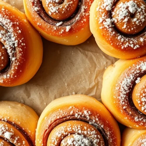 Overhead shot of freshly baked cinnamon rolls dusted with powdered sugar, golden-brown, arranged on parchment paper, warm lig
