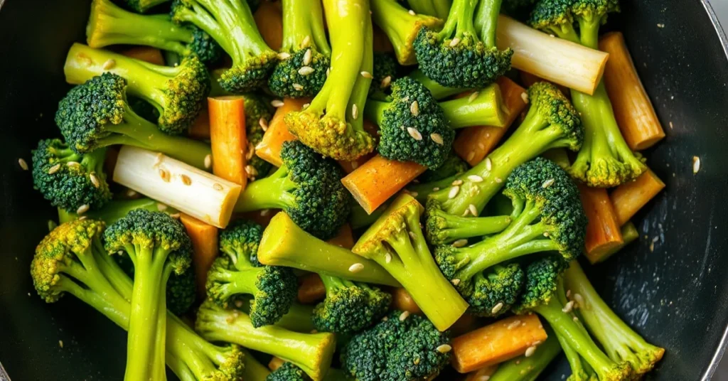 Overhead shot of vibrant green pak choi and broccoli stir-fry in a wok, garnished with sesame seeds, steaming hot and appetiz