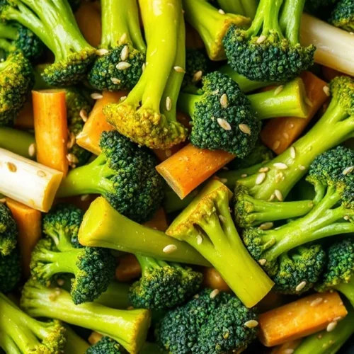Overhead shot of vibrant green pak choi and broccoli stir-fry in a wok, garnished with sesame seeds, steaming hot and appetiz