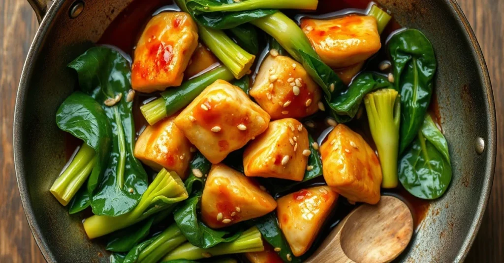 Overhead shot of vibrant pak choi stir-fry with tender chicken pieces, glossy soy sauce coating, sesame seeds sprinkled on to