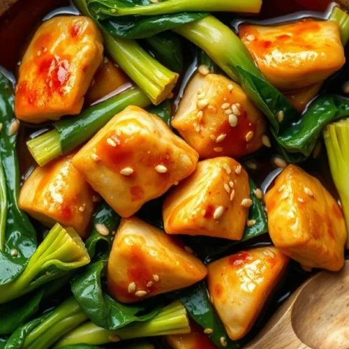 Overhead shot of vibrant pak choi stir-fry with tender chicken pieces, glossy soy sauce coating, sesame seeds sprinkled on to