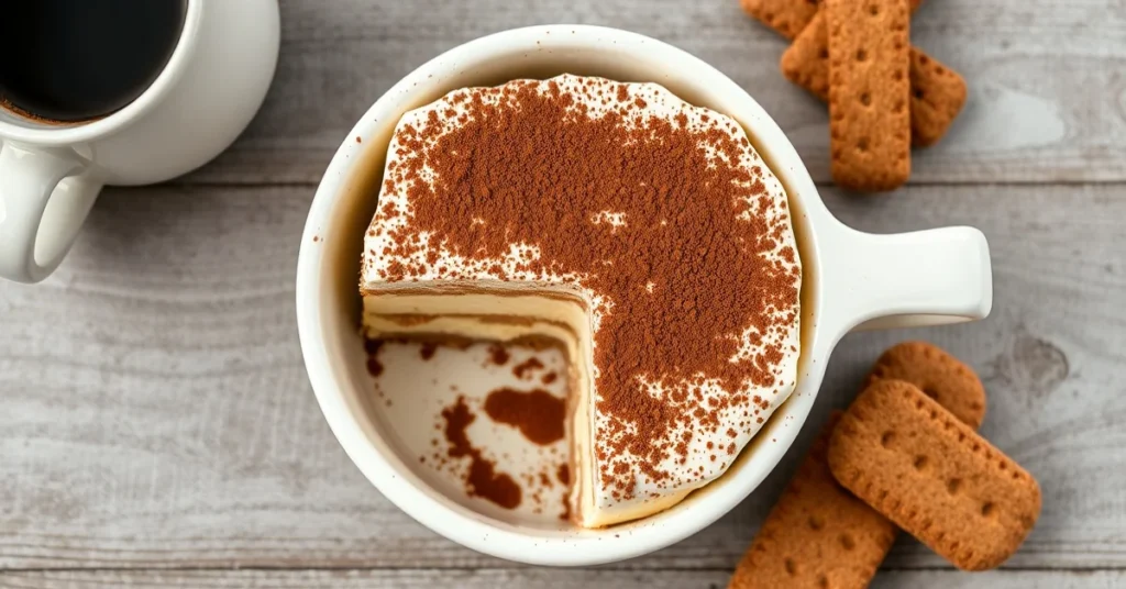 Overhead view of creamy layered lactose-free tiramisu in white ceramic dish, dusted with cocoa powder, coffee cup and biscuit