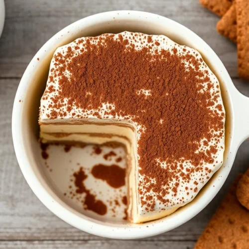 Overhead view of creamy layered lactose-free tiramisu in white ceramic dish, dusted with cocoa powder, coffee cup and biscuit