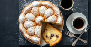 Overhead view of traditional Silesian poppy seed cake, freshly baked golden brown, dusted with white powdered sugar, sliced p
