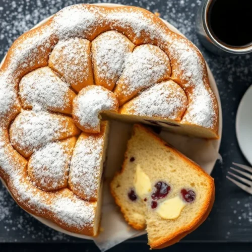 Overhead view of traditional Silesian poppy seed cake, freshly baked golden brown, dusted with white powdered sugar, sliced p