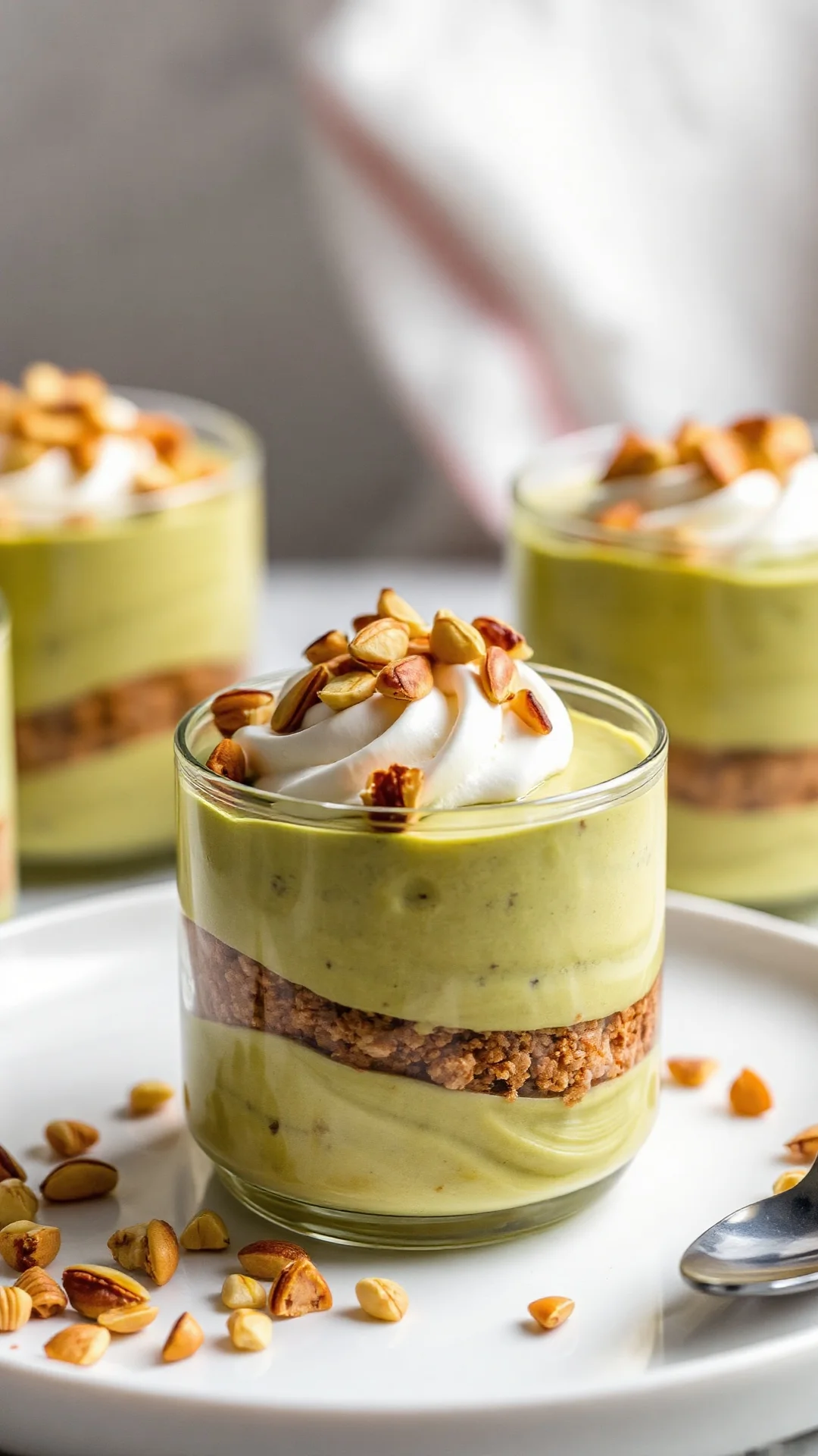 Pistachio tiramisu with chopped pistachios, green elegant gourmet dessert, luxury presentation, professional food styling, so