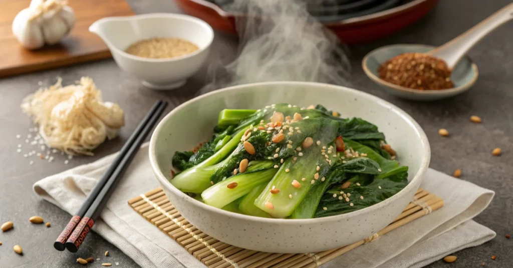 Professional food photography of fresh stir-fried pak choi with garlic ginger in white ceramic bowl, vibrant green vegetables