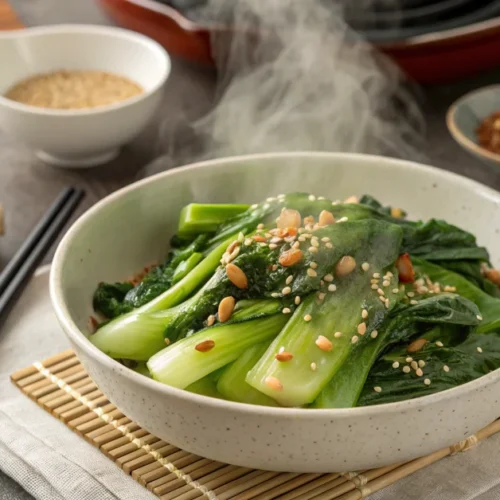 Professional food photography of fresh stir-fried pak choi with garlic ginger in white ceramic bowl, vibrant green vegetables