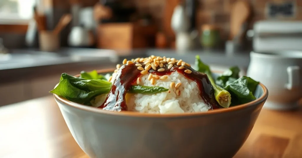 Professional food photography of steaming pak choi rice bowl with soy sauce glaze, garnished with sesame seeds, warm kitchen