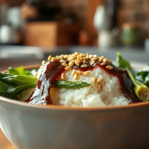Professional food photography of steaming pak choi rice bowl with soy sauce glaze, garnished with sesame seeds, warm kitchen