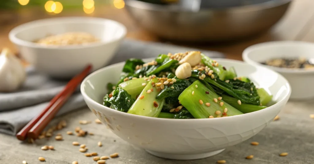 Professional food photography of stir-fried pak choi with garlic and ginger in white porcelain bowl, sesame seeds sprinkled o