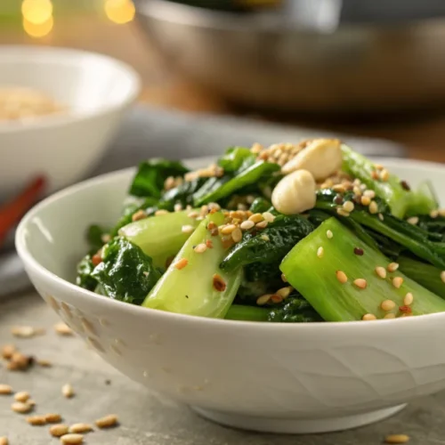 Professional food photography of stir-fried pak choi with garlic and ginger in white porcelain bowl, sesame seeds sprinkled o