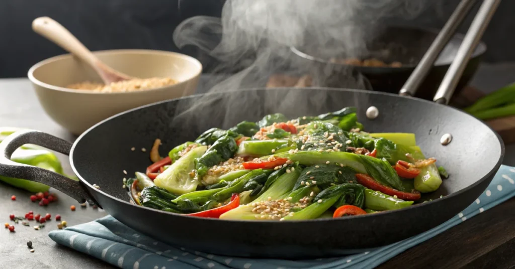 Professional food photography of vibrant pak choi stir fry in wok, steam rising, sesame seeds garnish, asian cooking, appetiz
