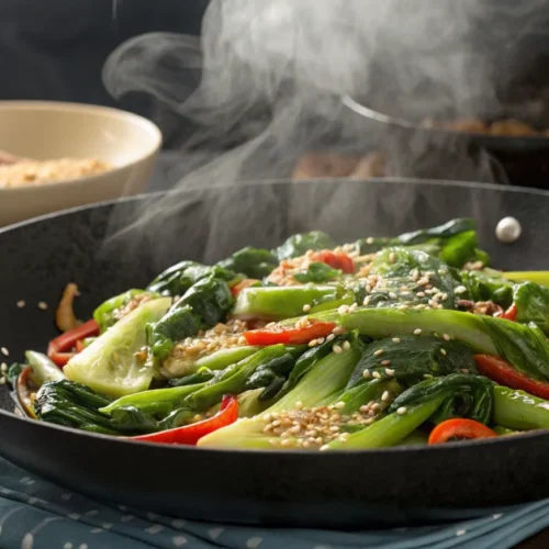 Professional food photography of vibrant pak choi stir fry in wok, steam rising, sesame seeds garnish, asian cooking, appetiz