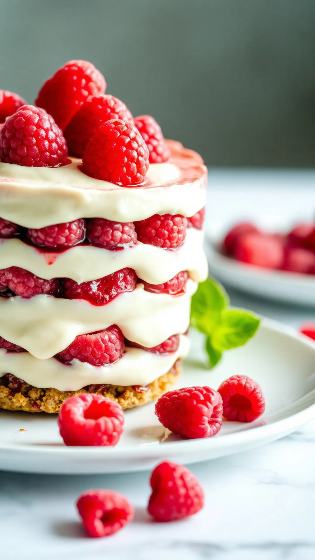 Raspberry tiramisu with fresh raspberries on top, creamy layers visible, elegant plating, natural light food photography, vib