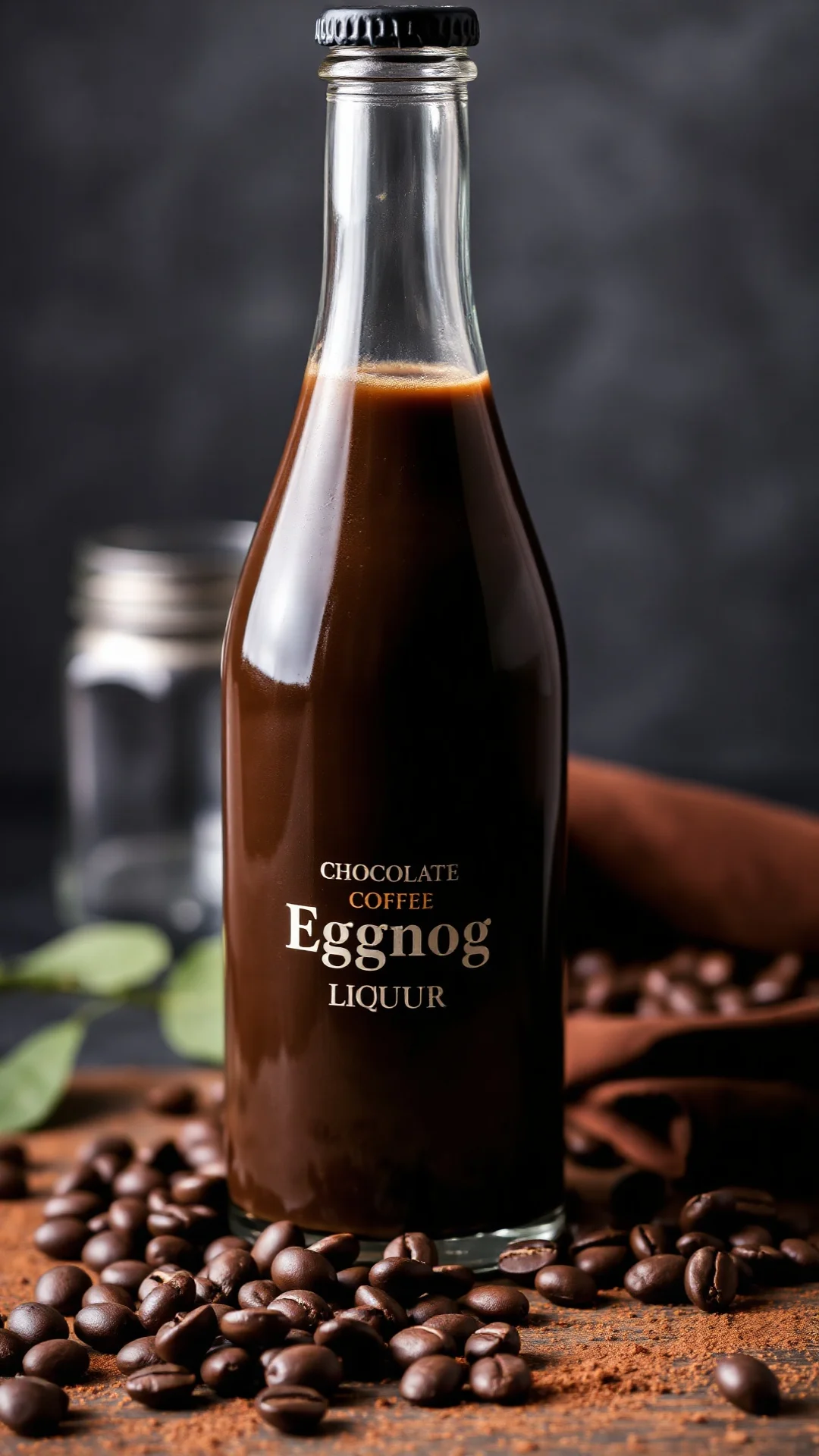 Rich chocolate coffee eggnog liqueur in dark glass bottle, coffee beans scattered nearby, professional close-up shot, warm st