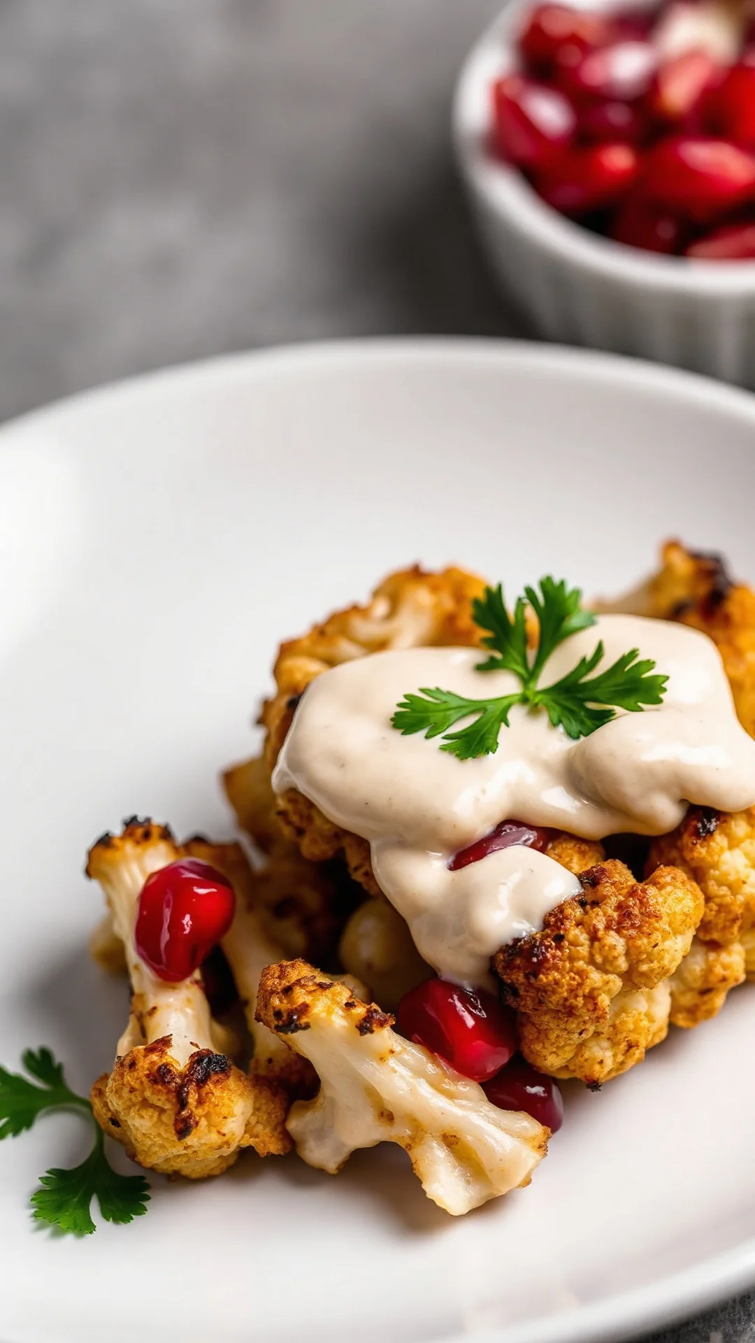Roasted cauliflower florets with creamy tahini dressing drizzled on top, garnished with fresh parsley and pomegranate seeds,
