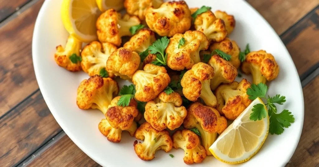 Roasted golden-brown vegan cauliflower florets with garlic and fresh parsley on white plate, crispy edges, bright lemon wedge