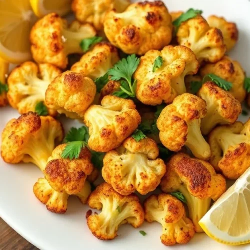 Roasted golden-brown vegan cauliflower florets with garlic and fresh parsley on white plate, crispy edges, bright lemon wedge