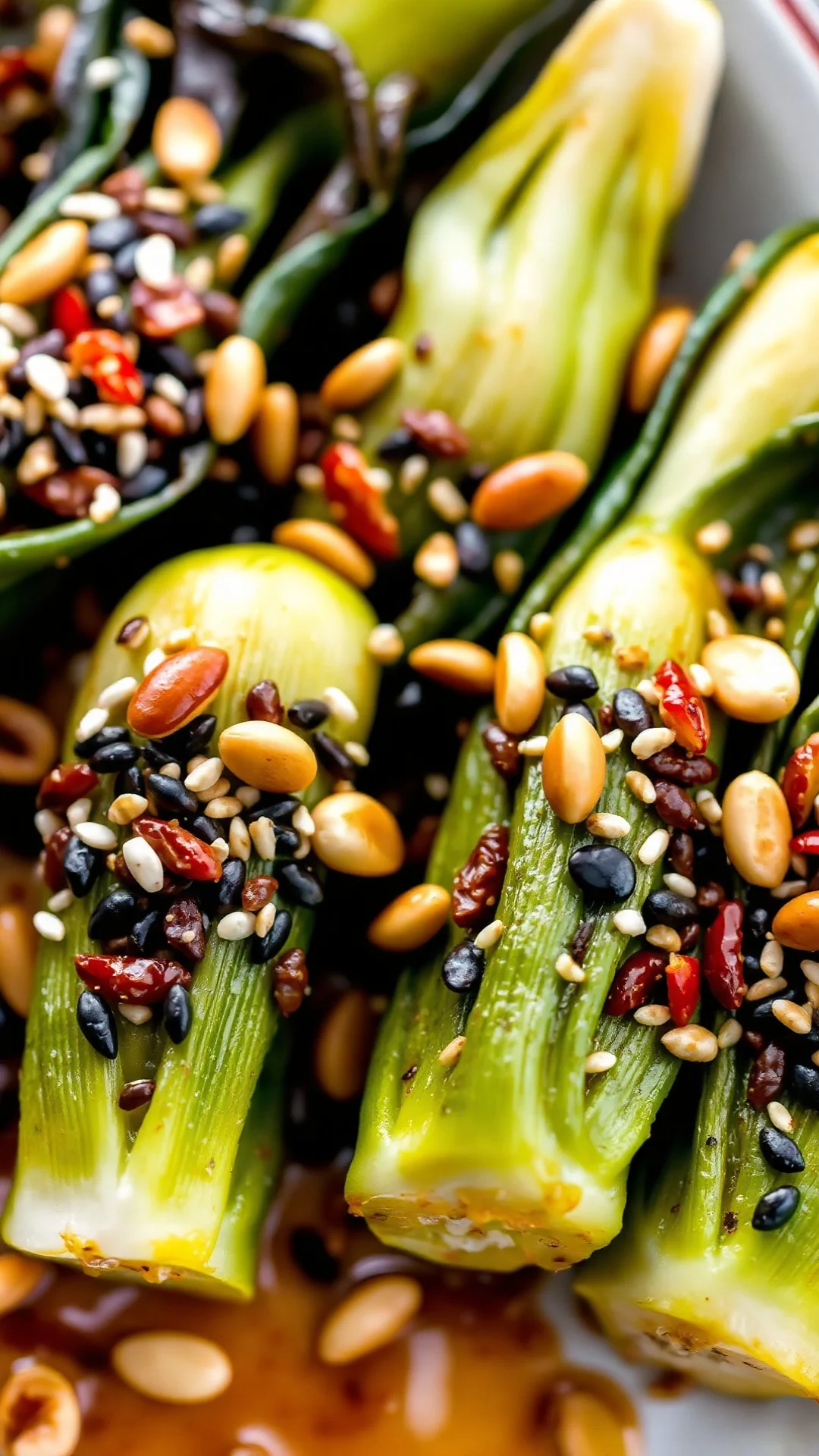 Roasted pak choi halves topped with crushed roasted peanuts, black and white sesame seeds, chili flakes, sesameoil glistening