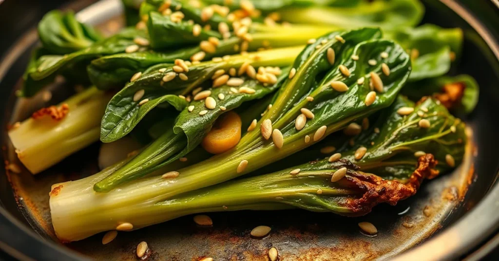 Roasted pak choi in oven, golden-brown crispy edges, sesame seeds sprinkled on top, fresh ginger and garlic visible, Asian cu