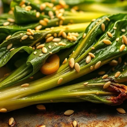 Roasted pak choi in oven, golden-brown crispy edges, sesame seeds sprinkled on top, fresh ginger and garlic visible, Asian cu