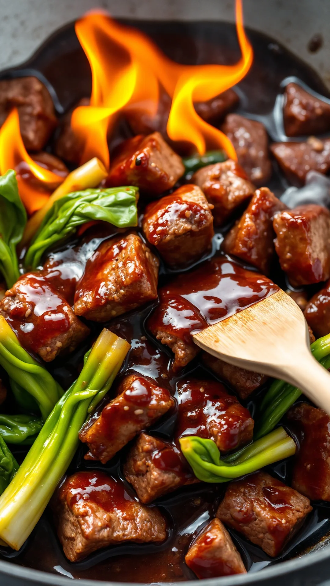 Sizzling wok stir-fry beef with pak choi and black bean sauce, dynamic cooking action, steam and flames, professional wok coo