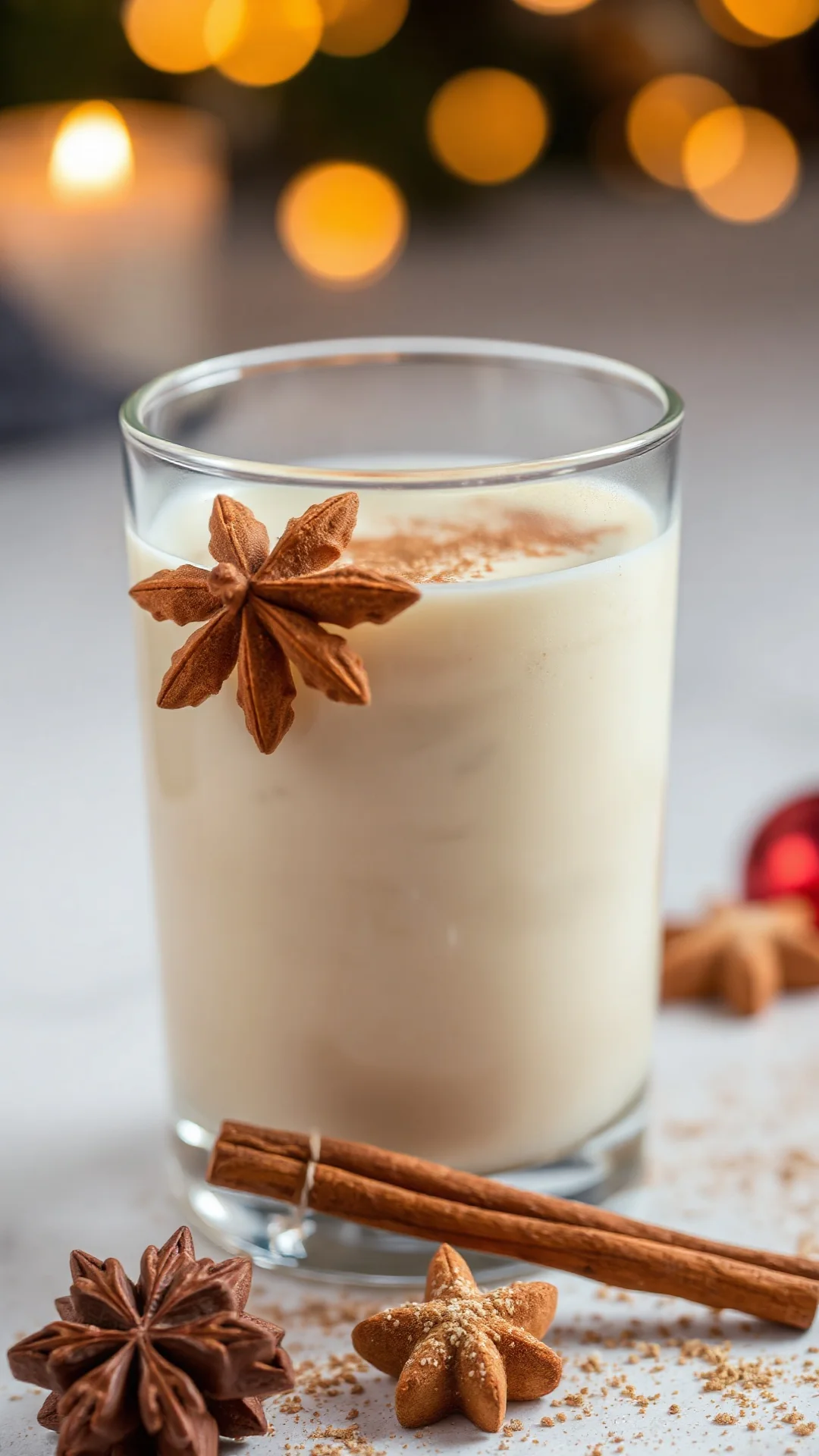 Spiced eggnog with gingerbread spices, cinnamon and nutmeg dusted glass, holiday season vibes, warm amber lighting, gourmet p